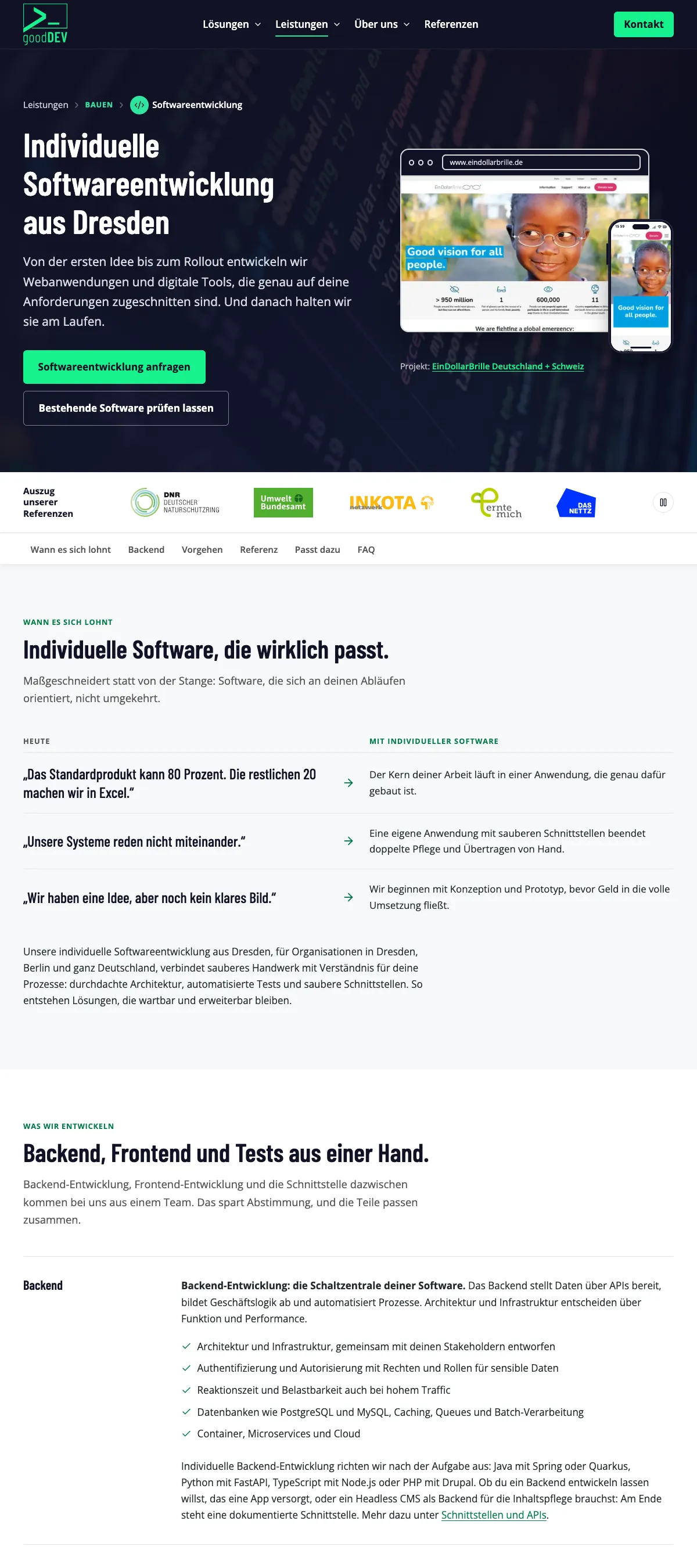 Leistungsseite Softwareentwicklung auf Desktop und Telefon