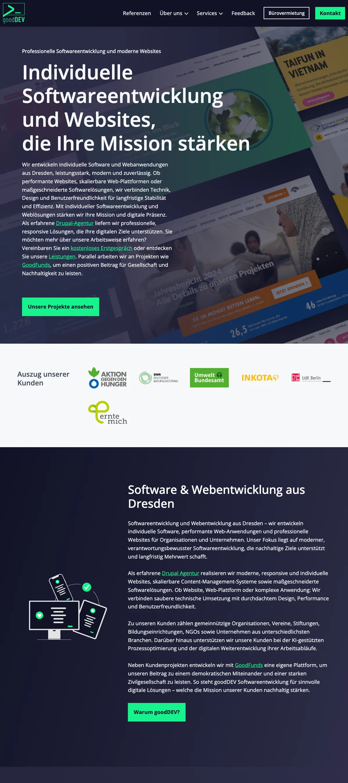 Alte Startseite von goodDEV bei Webflow auf Desktop und Telefon