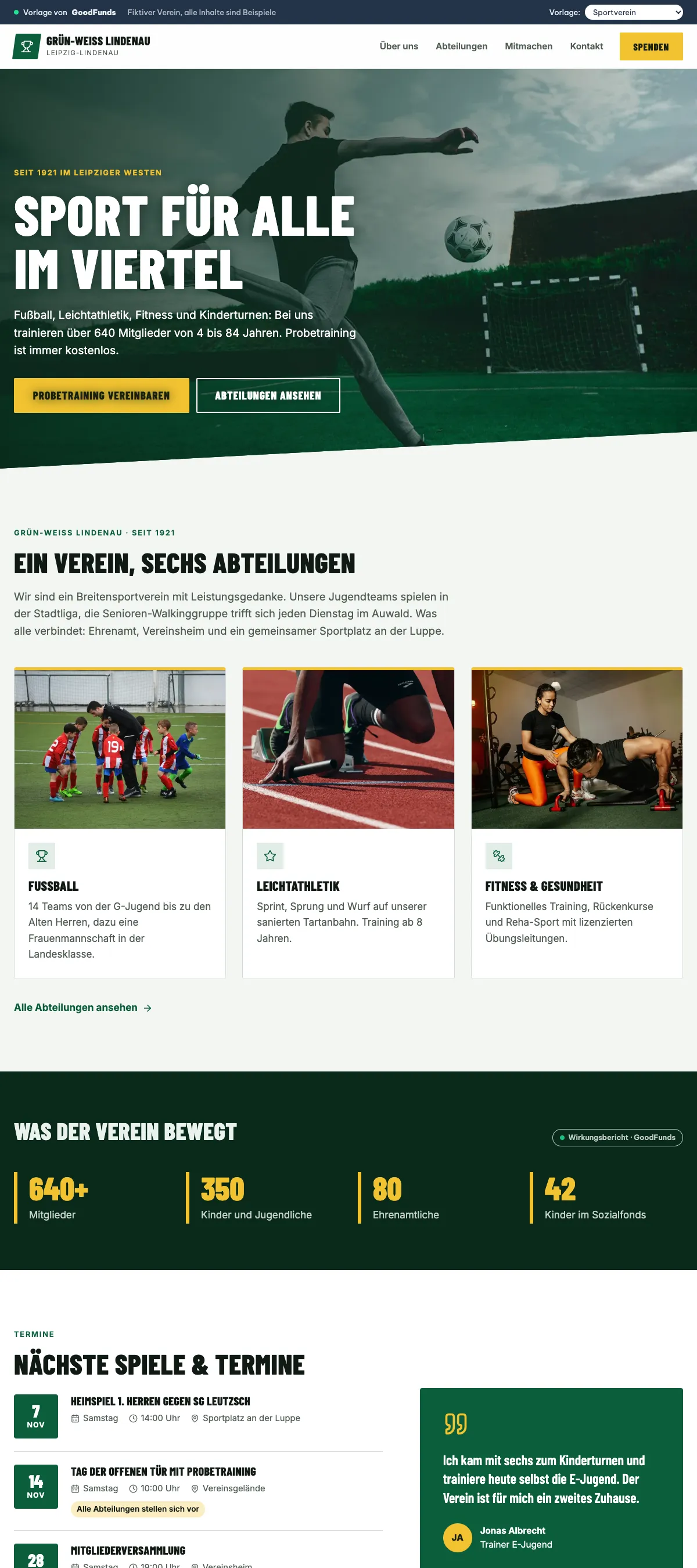 Vorlage Sportverein auf Desktop und Telefon