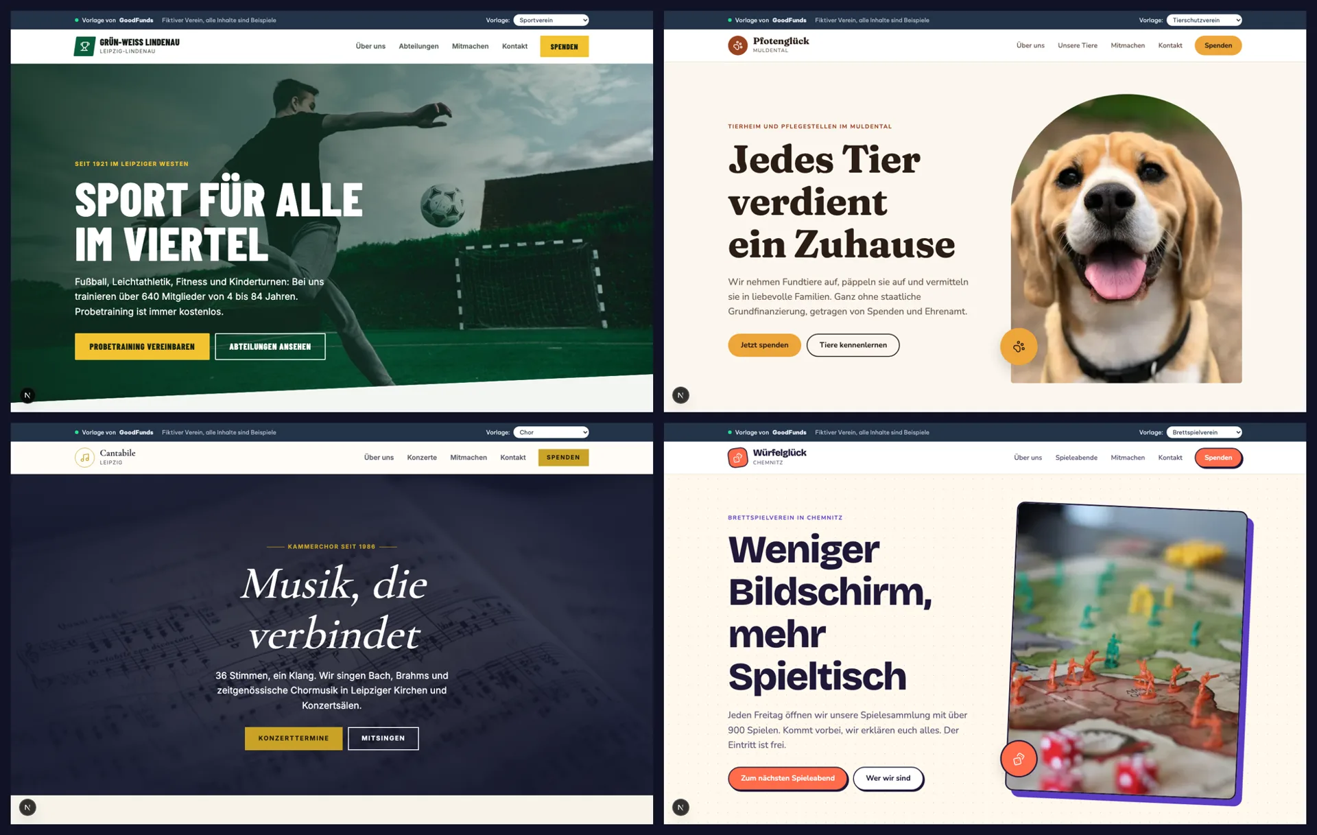 Startseiten der Vorlagen für Sportverein, Tierschutzverein, Chor und Brettspielverein