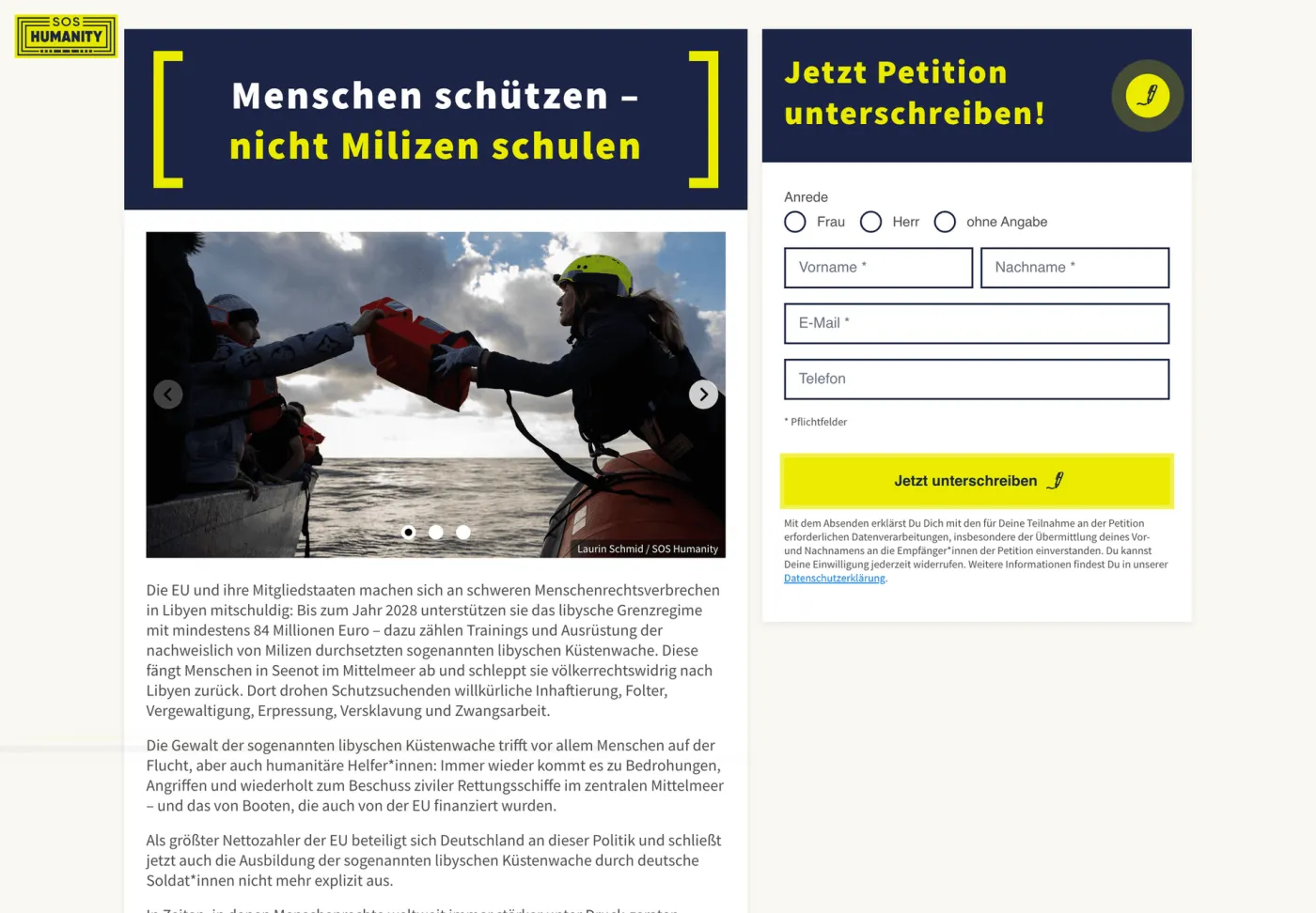 Petition von SOS Humanity als GoodFunds-Landingpage