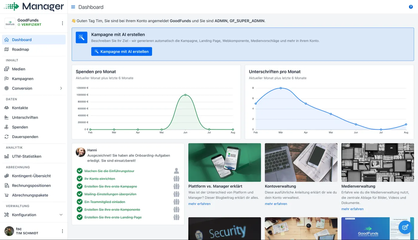 Spenden-Dashboard im GoodFunds-Manager