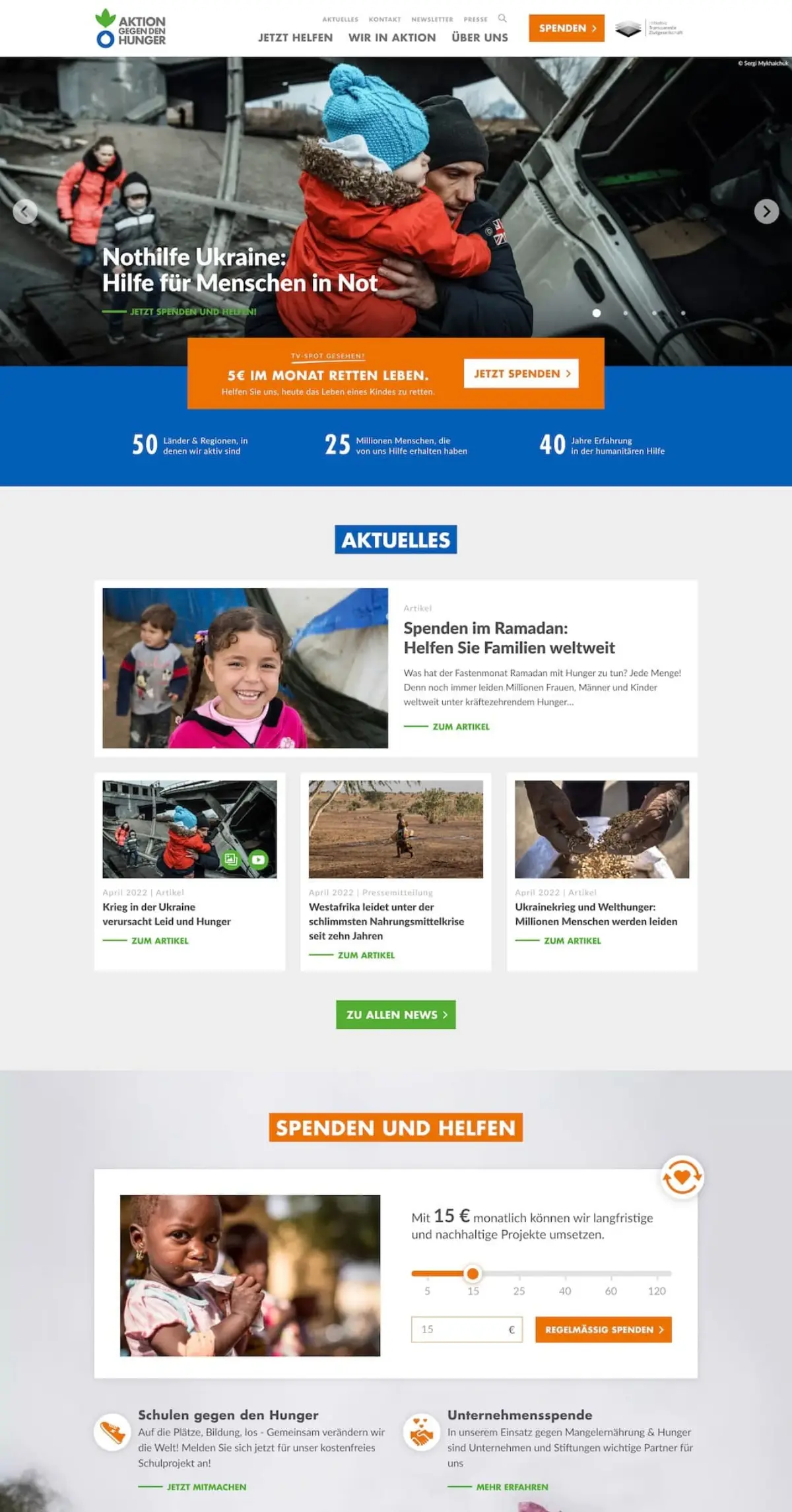 Aktion gegen den Hunger: Startseite auf Desktop und Telefon