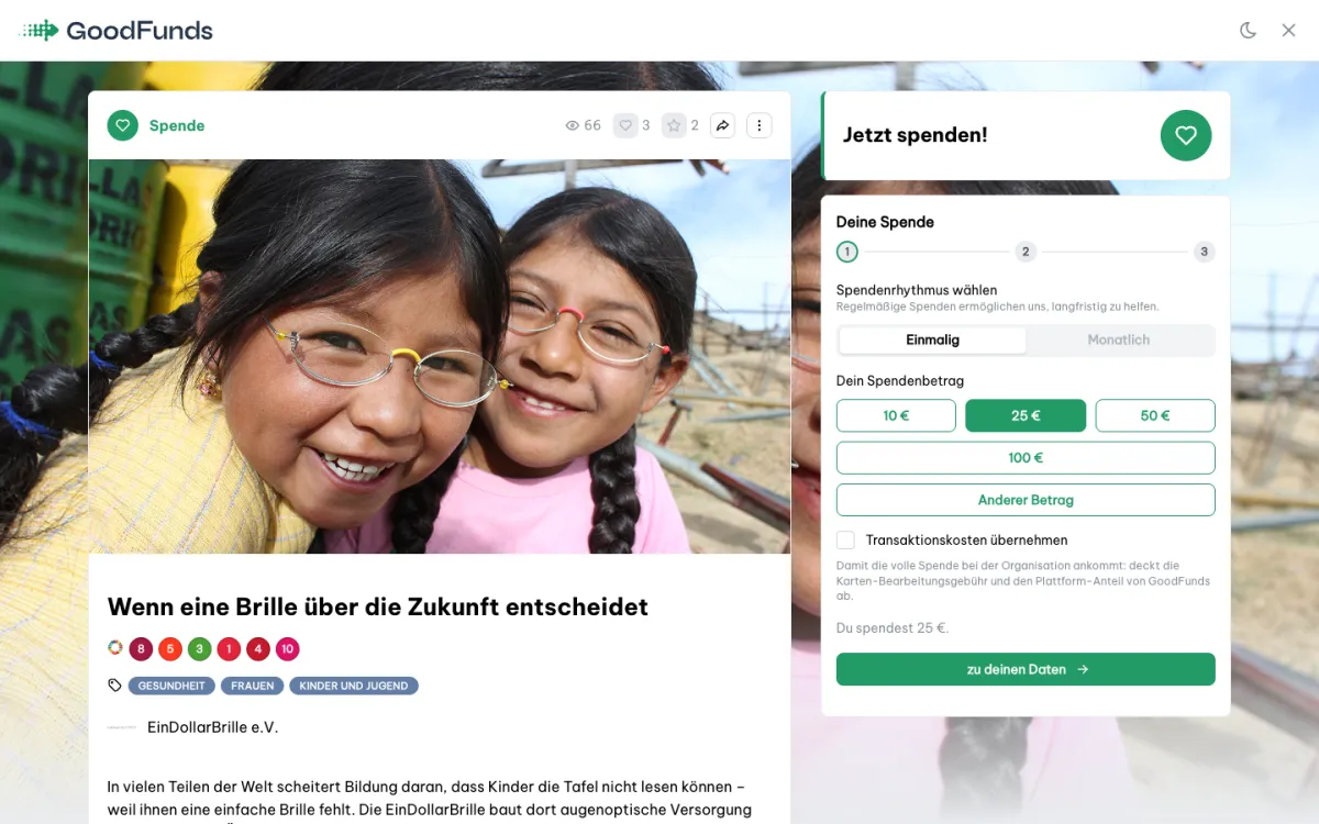 Spendenkampagne von EinDollarBrille auf der GoodFunds-Plattform