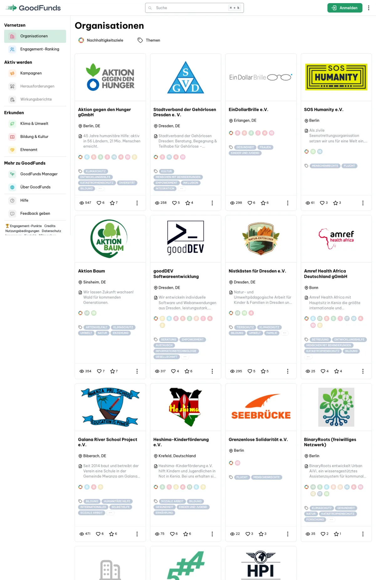 GoodFunds-Plattform: Organisationen und Kampagnen auf Desktop und Telefon