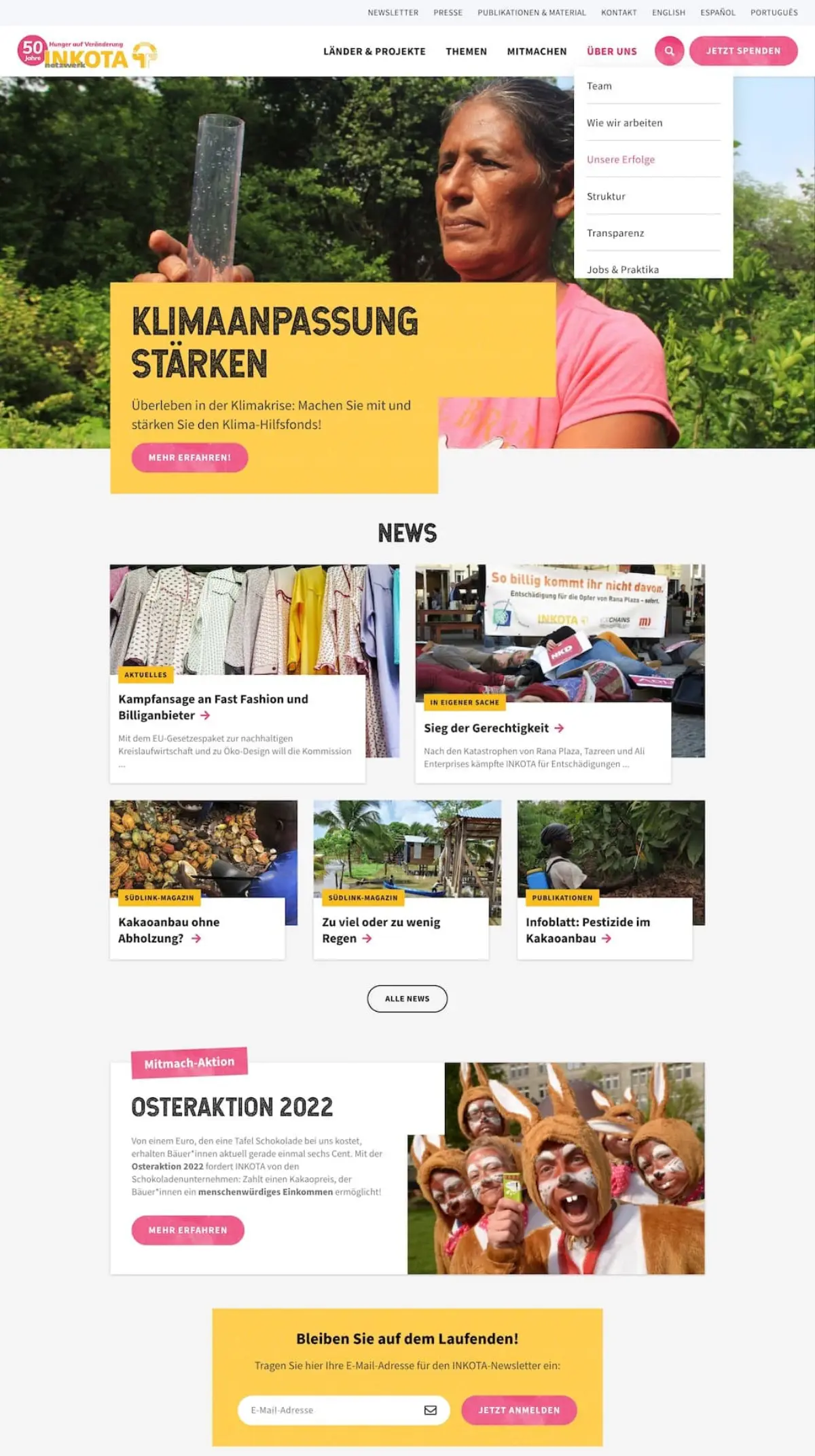INKOTA Website Relaunch: Startseite auf Desktop und Telefon
