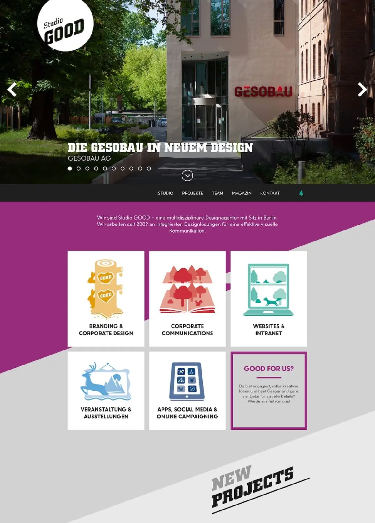 Website für StudioGOOD: Startseite auf Desktop und Telefon
